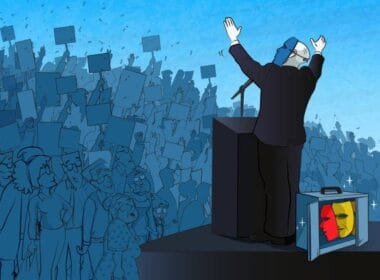 The politician wearing different masks for each group of people with different opinions. (Used clipping mask)